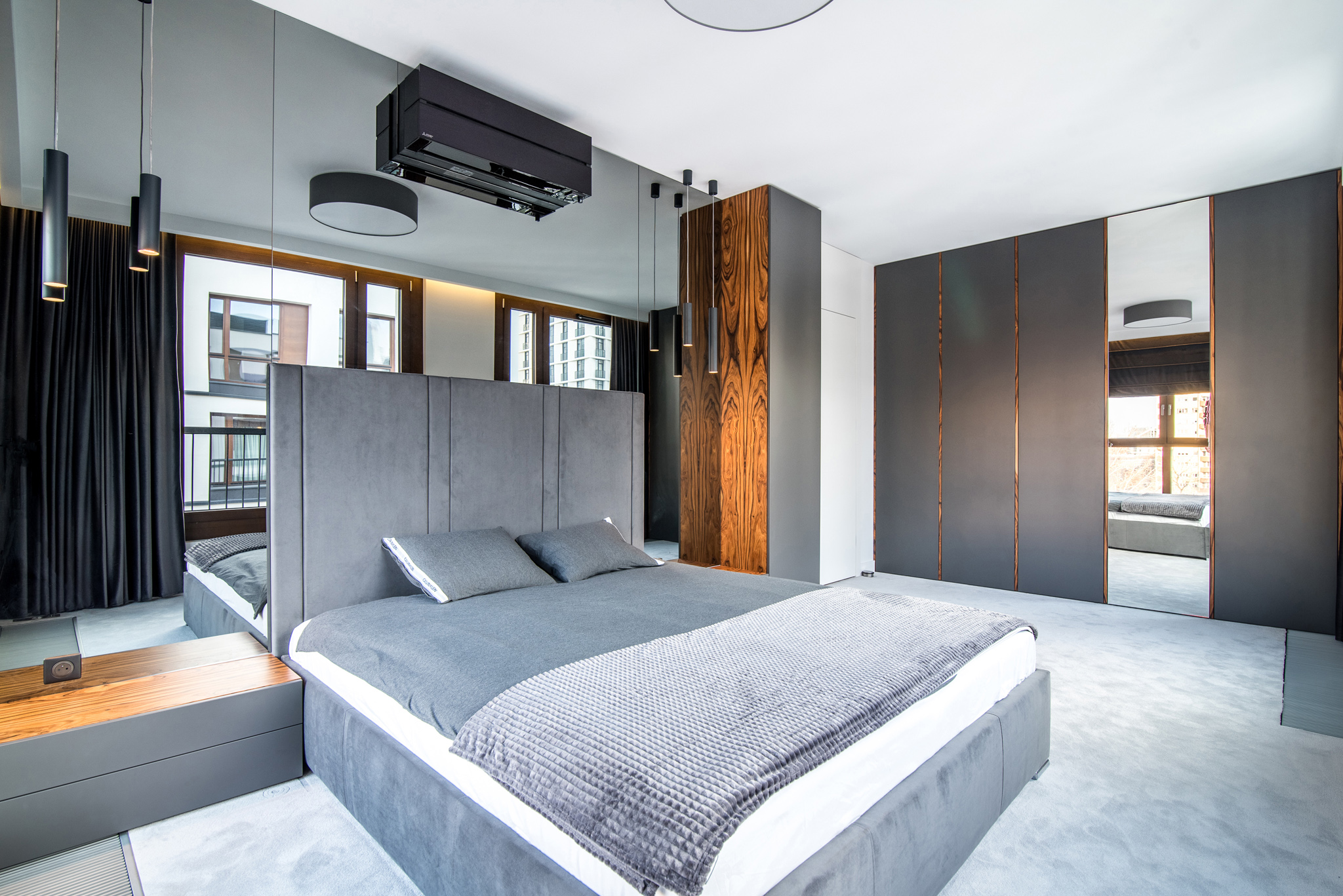 nowoczesna sypialnia w graficie z fornirem